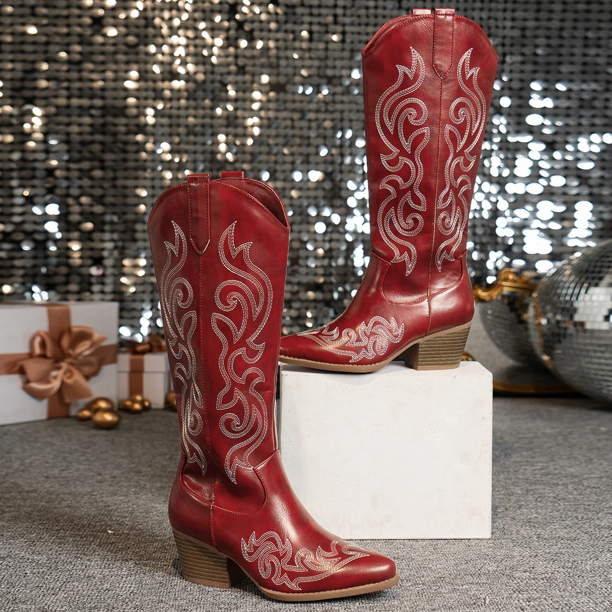 Women Retro Western Embroidered Cowboy Boots - Pointed Toe High Block Heel Faux Cover with Fabric Lining & TPR Sole Zipper C