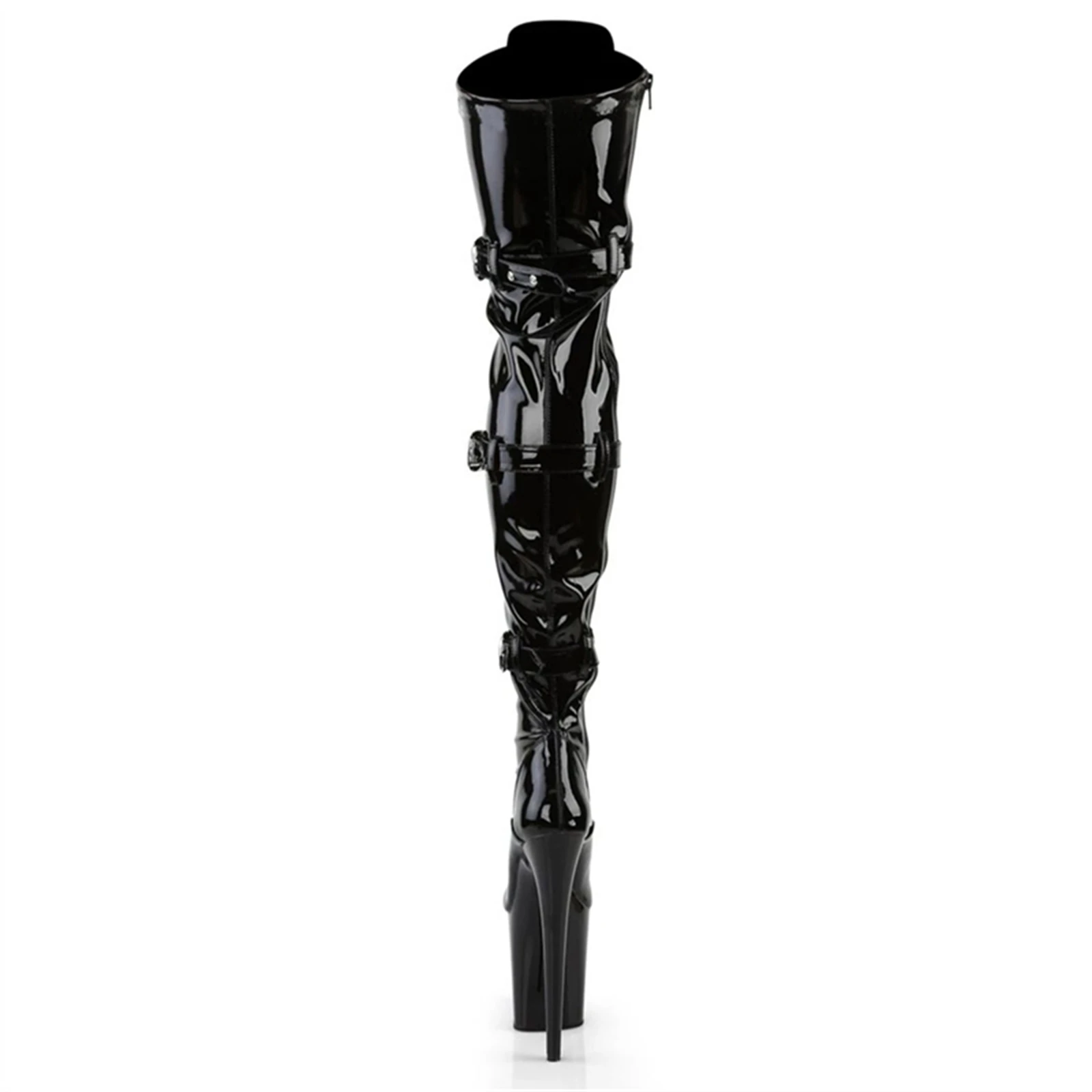 20CM Extreme High Knee Boots for Pole Dance | Black Patent Leather Lace-Up & Buckle Strap | Non-Slip Sole Stage Performance Shoe