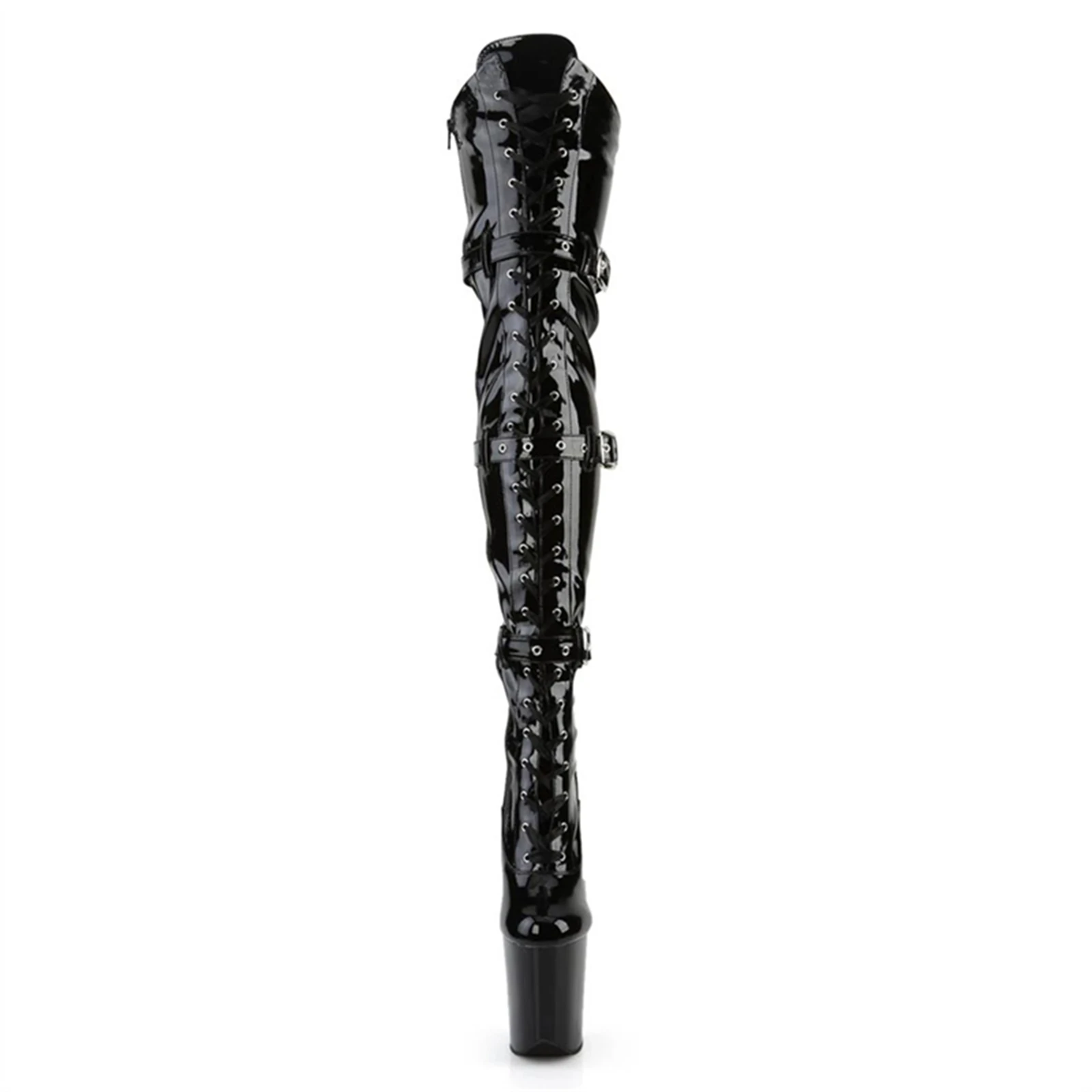 20CM Extreme High Knee Boots for Pole Dance | Black Patent Leather Lace-Up & Buckle Strap | Non-Slip Sole Stage Performance Shoe