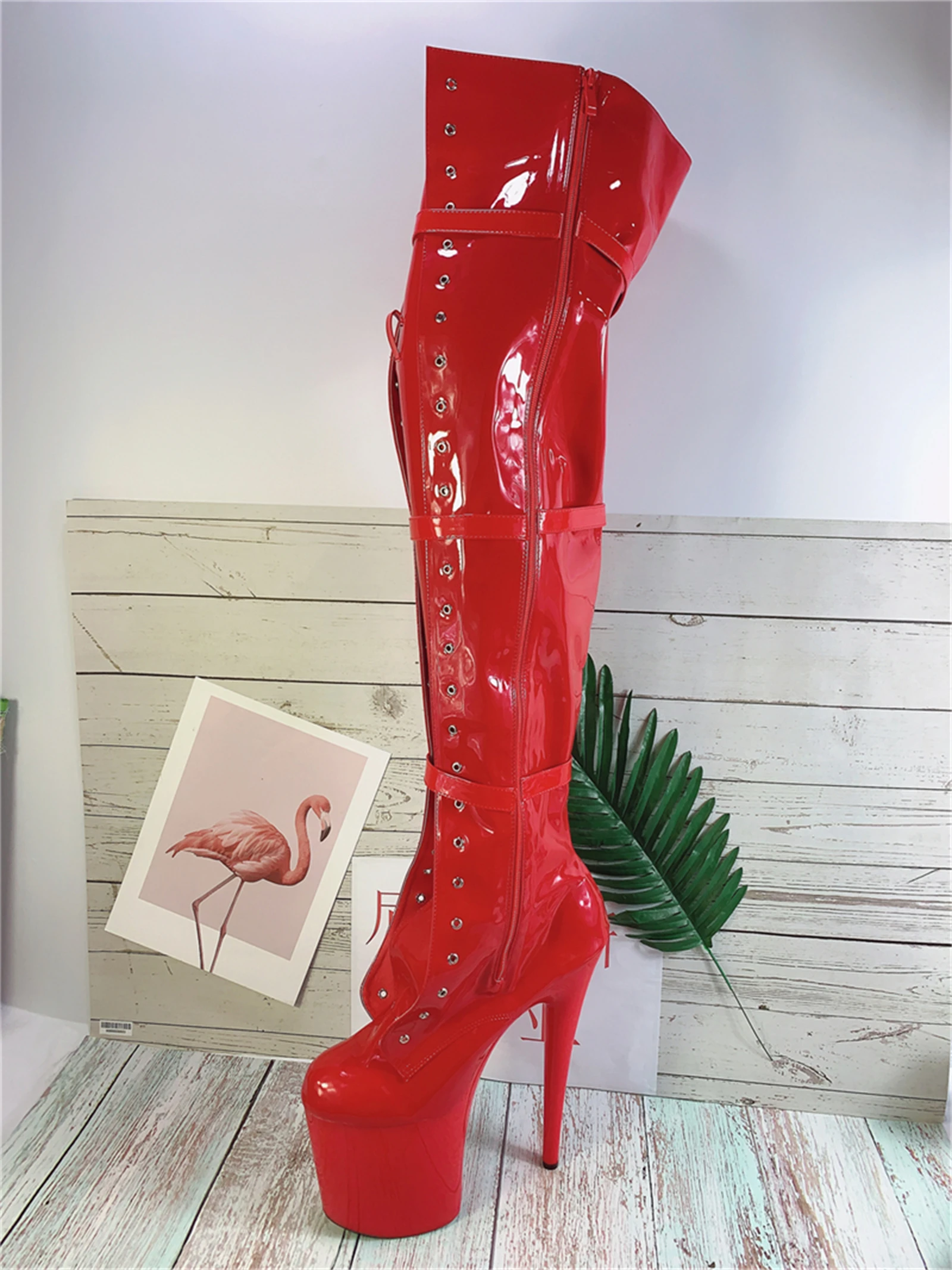 20CM Extreme High Knee Boots for Pole Dance | Black Patent Leather Lace-Up & Buckle Strap | Non-Slip Sole Stage Performance Shoe
