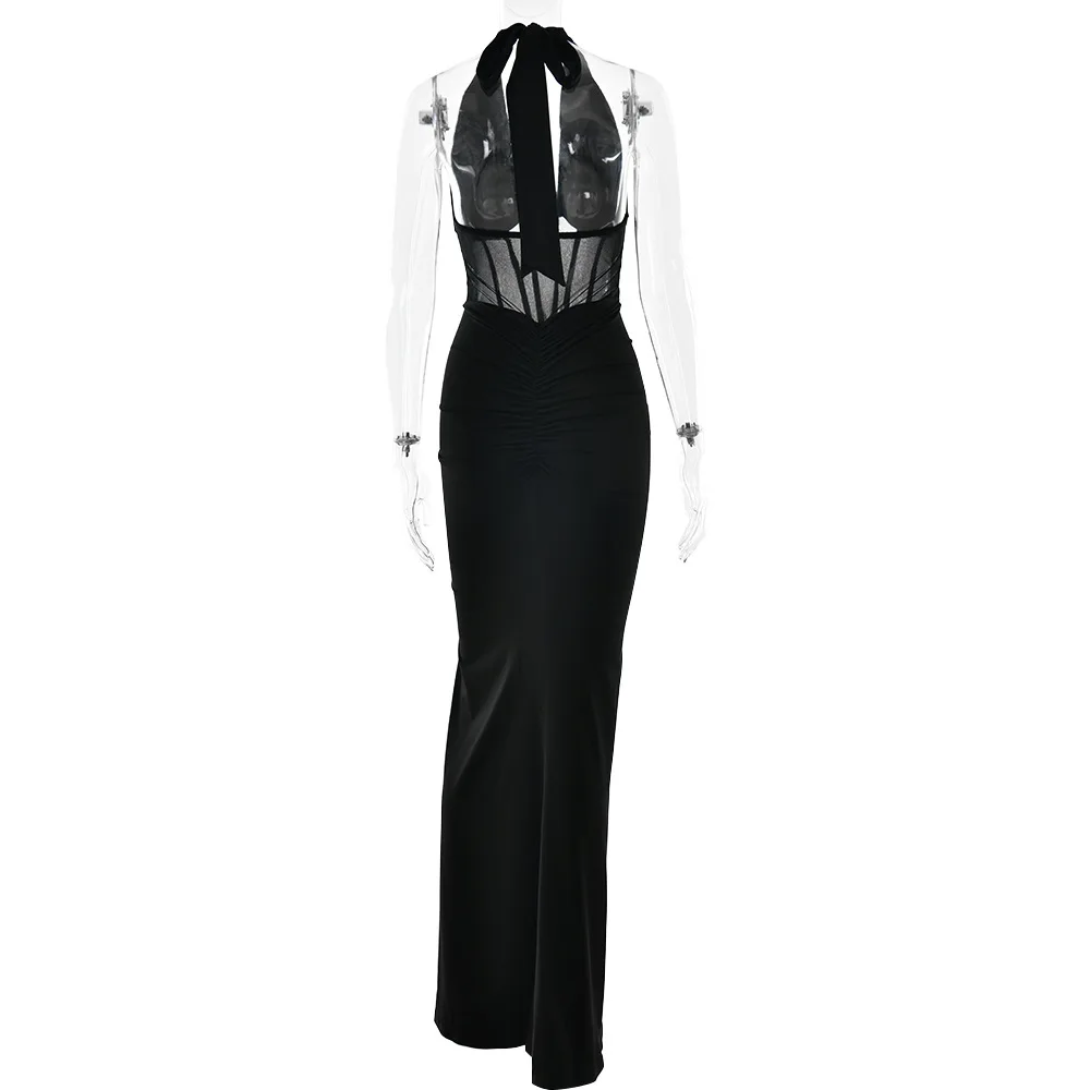 Elegant White Long Curvy Dress Women's Halter Deep V Backless Black Mesh Ruched Maxi Dresses Evening Party Cocktail Robe Summer