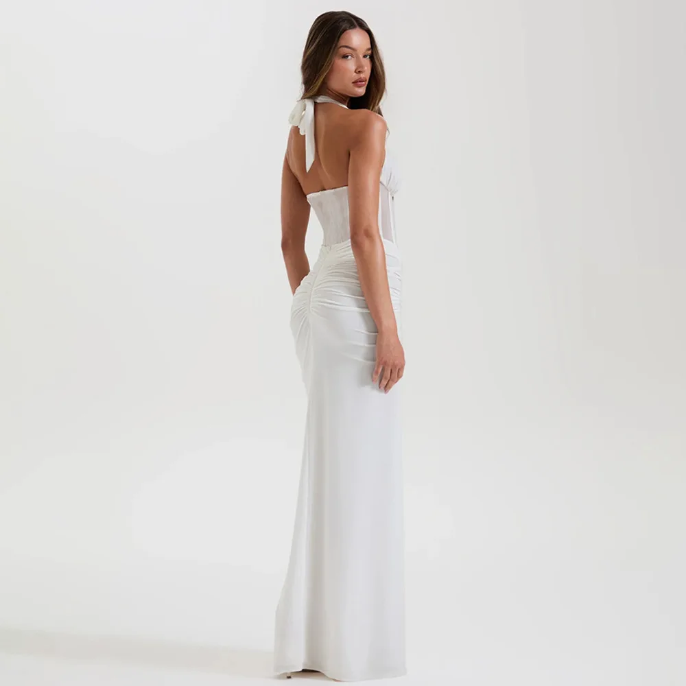 Elegant White Long Curvy Dress Women's Halter Deep V Backless Black Mesh Ruched Maxi Dresses Evening Party Cocktail Robe Summer