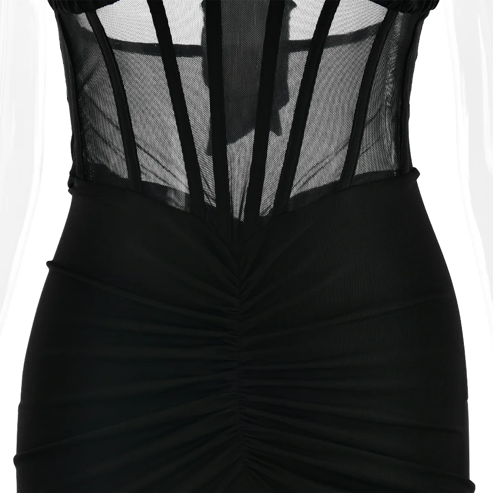 Elegant White Long Curvy Dress Women's Halter Deep V Backless Black Mesh Ruched Maxi Dresses Evening Party Cocktail Robe Summer