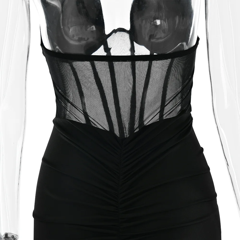 Elegant White Long Curvy Dress Women's Halter Deep V Backless Black Mesh Ruched Maxi Dresses Evening Party Cocktail Robe Summer