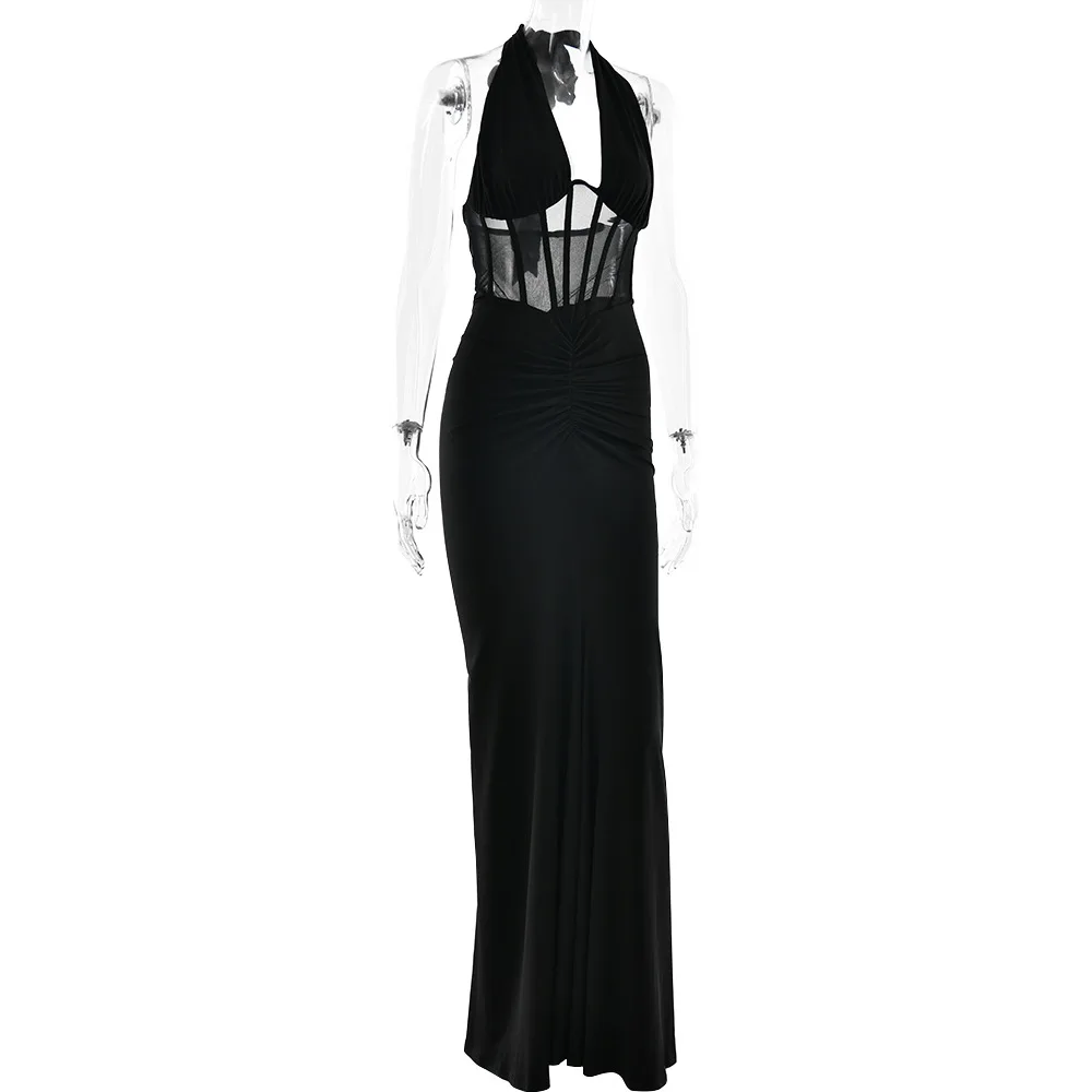 Elegant White Long Curvy Dress Women's Halter Deep V Backless Black Mesh Ruched Maxi Dresses Evening Party Cocktail Robe Summer