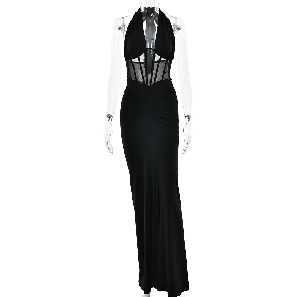 Elegant White Long Curvy Dress Women's Halter Deep V Backless Black Mesh Ruched Maxi Dresses Evening Party Cocktail Robe Summer