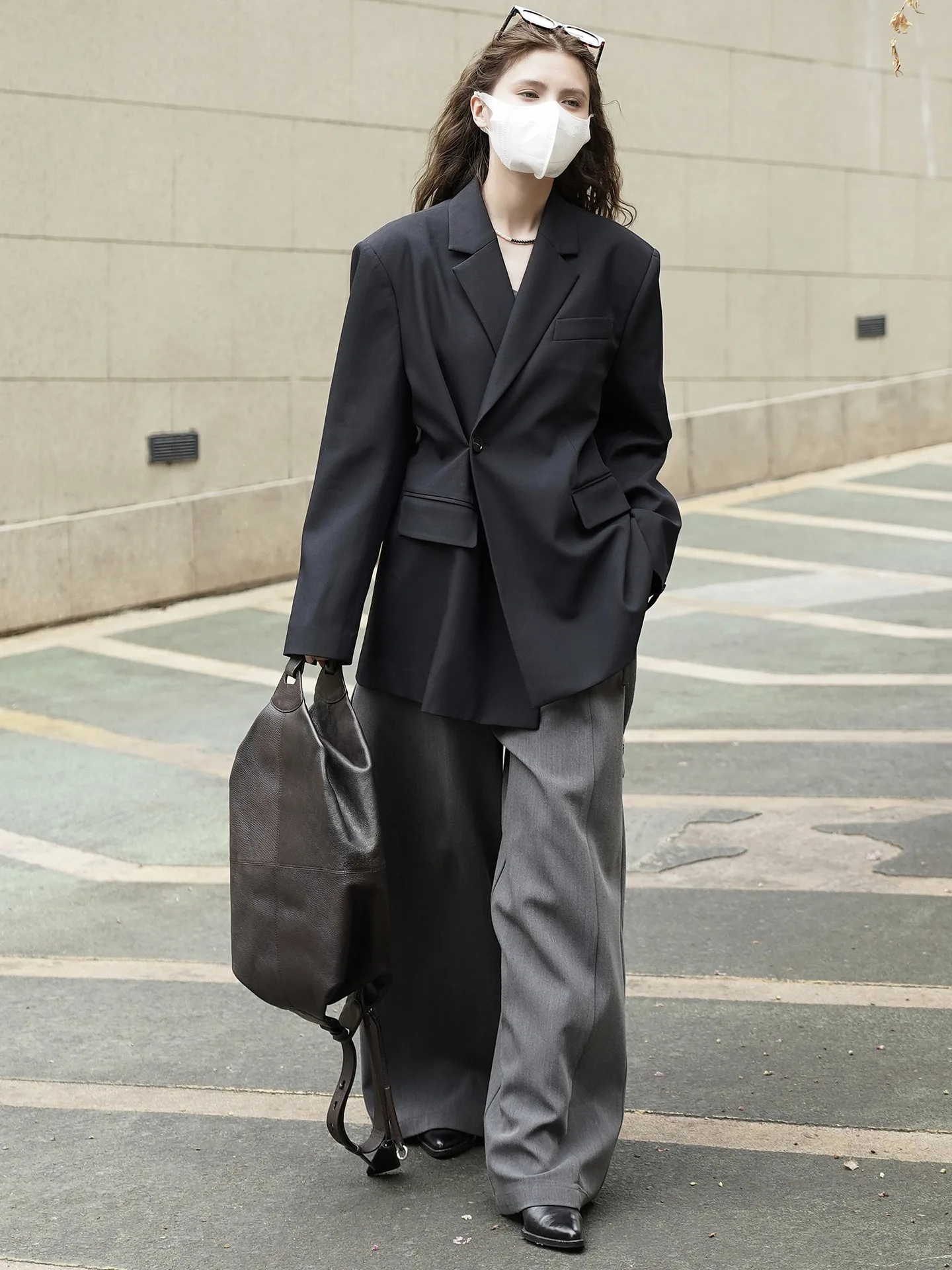 RZIV Fashionable Design Slanted Placket and Back Slit Coats, Loose Fitting Suit, Slimming Jacket for Women