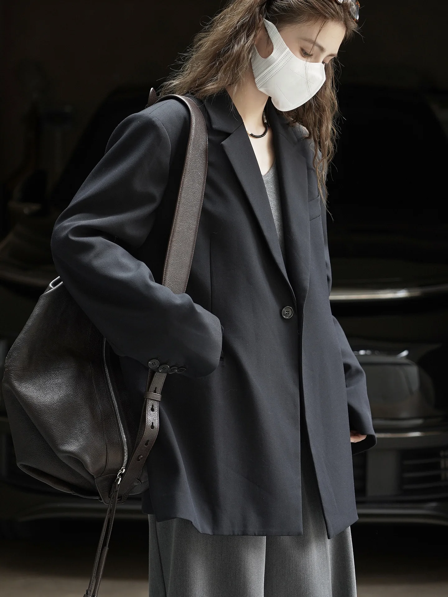 RZIV Fashionable Design Slanted Placket and Back Slit Coats, Loose Fitting Suit, Slimming Jacket for Women