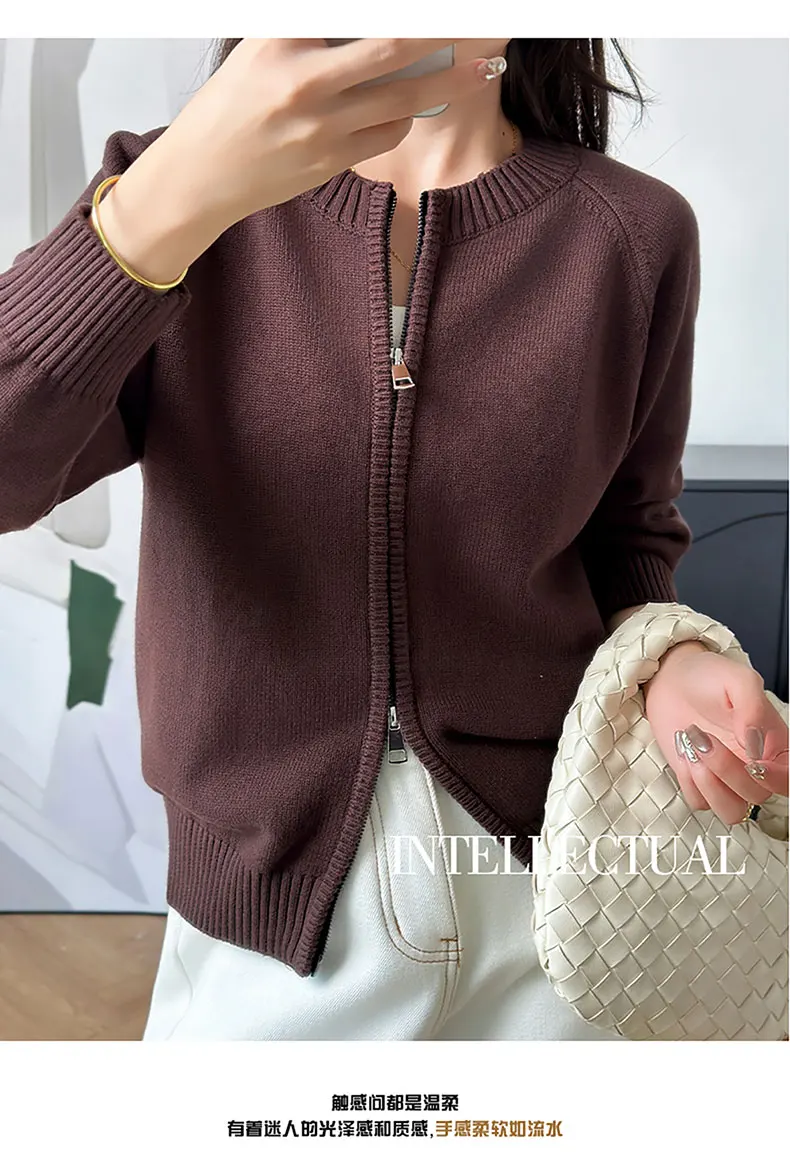 YTFidio 100% Cotton Women O-neck Thick Zipper Solid Cardigan Luxury Designer Clothing Woman Pullover Female Tops 401