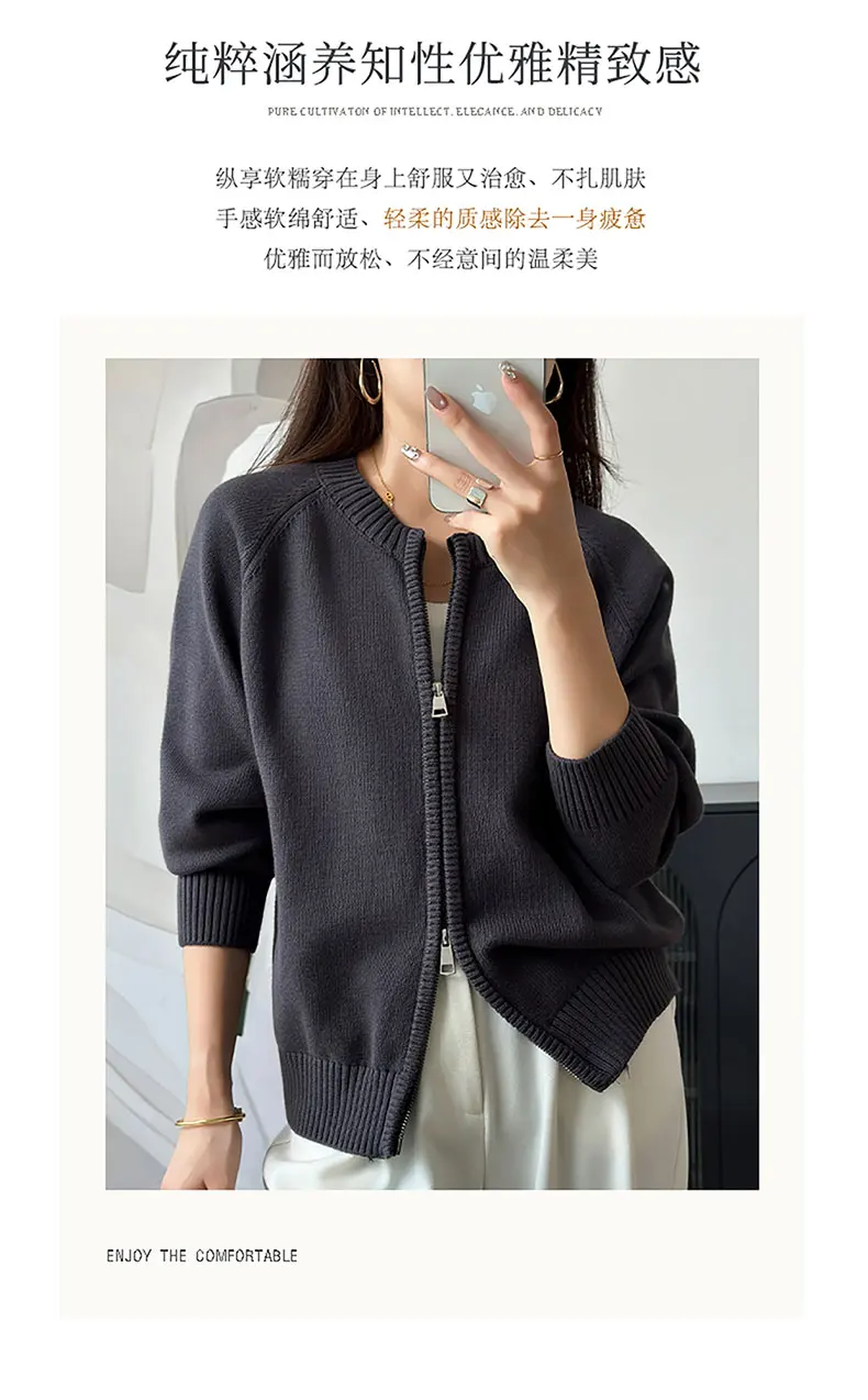 YTFidio 100% Cotton Women O-neck Thick Zipper Solid Cardigan Luxury Designer Clothing Woman Pullover Female Tops 401