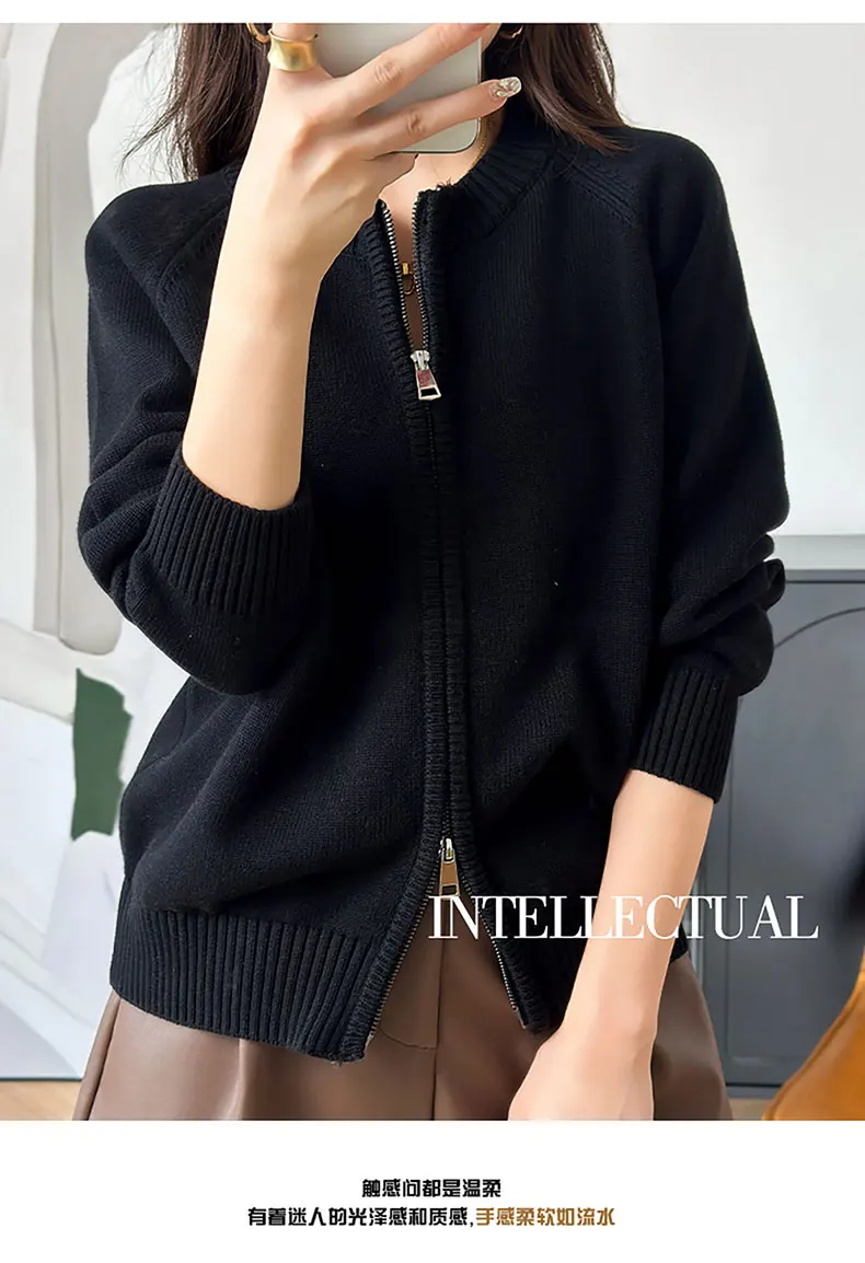 YTFidio 100% Cotton Women O-neck Thick Zipper Solid Cardigan Luxury Designer Clothing Woman Pullover Female Tops 401