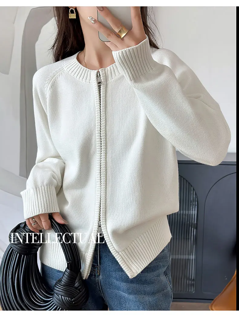 YTFidio 100% Cotton Women O-neck Thick Zipper Solid Cardigan Luxury Designer Clothing Woman Pullover Female Tops 401