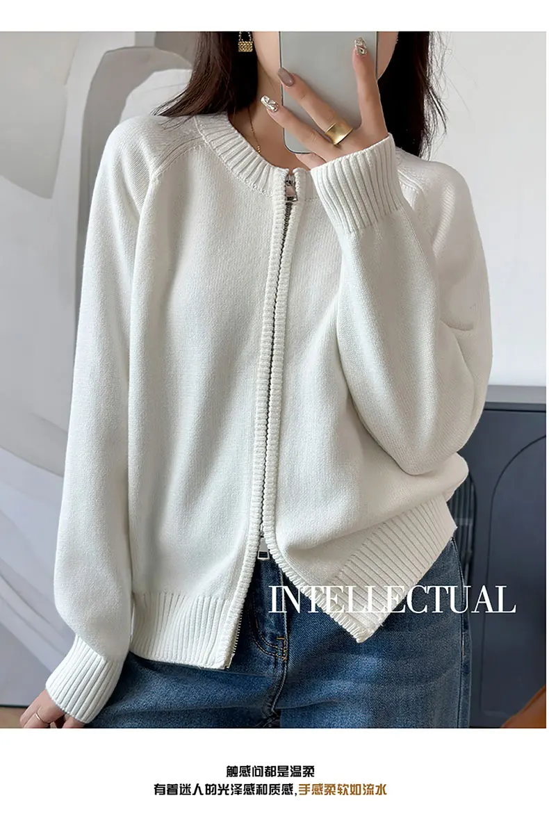 YTFidio 100% Cotton Women O-neck Thick Zipper Solid Cardigan Luxury Designer Clothing Woman Pullover Female Tops 401