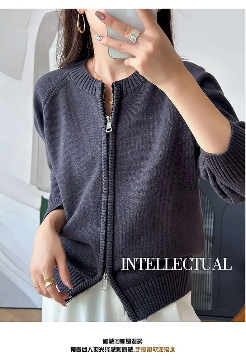 YTFidio 100% Cotton Women O-neck Thick Zipper Solid Cardigan Luxury Designer Clothing Woman Pullover Female Tops 401