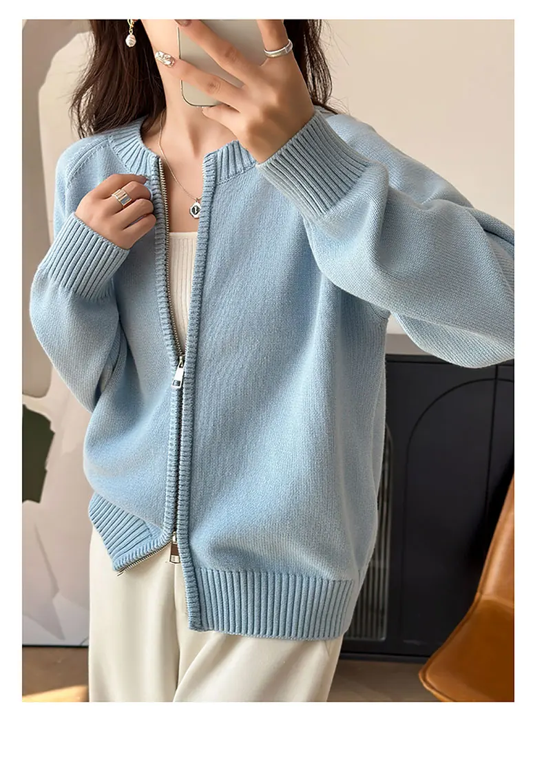 YTFidio 100% Cotton Women O-neck Thick Zipper Solid Cardigan Luxury Designer Clothing Woman Pullover Female Tops 401