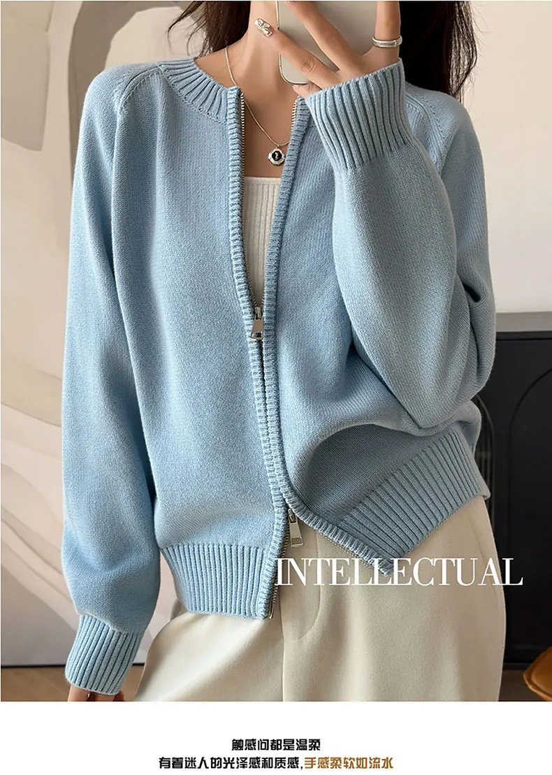 YTFidio 100% Cotton Women O-neck Thick Zipper Solid Cardigan Luxury Designer Clothing Woman Pullover Female Tops 401
