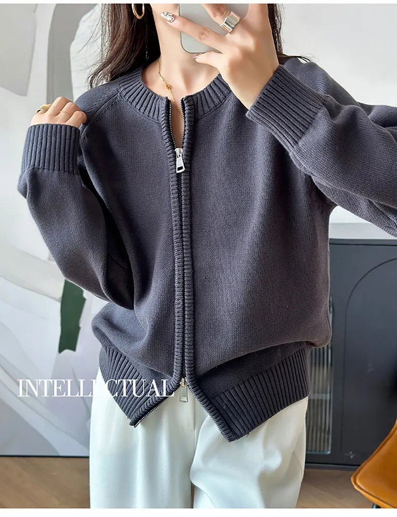 YTFidio 100% Cotton Women O-neck Thick Zipper Solid Cardigan Luxury Designer Clothing Woman Pullover Female Tops 401