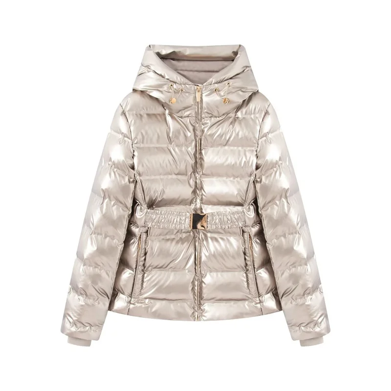 ETJ 2025 Women's Winter New Collection Y2K Golden Luster Pressure-sensitive Rubber quilted hooded Windproof and warm Jacket