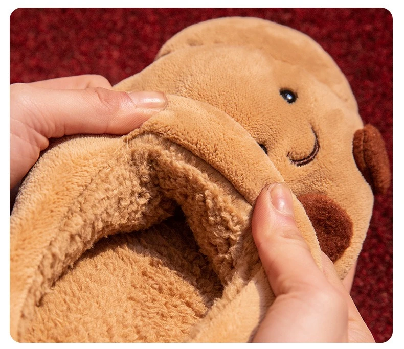 Cute Cartoon Fluffy Slippers For Women Men Winter House Shoes Furry Croissant Bread Style Anti-slip Couples Home Cotton Slides