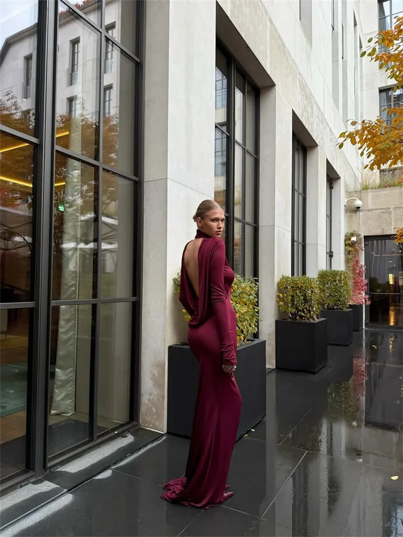 Mozision Backless Long Sleeve Sexy Maxi Dress Women Gown Elegant Winter New Turtleneck Club Party Long Dress Fashion Clubwear