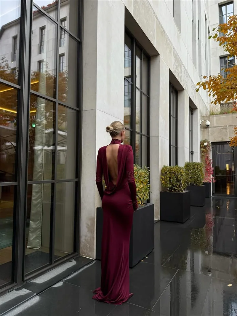 Mozision Backless Long Sleeve Sexy Maxi Dress Women Gown Elegant Winter New Turtleneck Club Party Long Dress Fashion Clubwear
