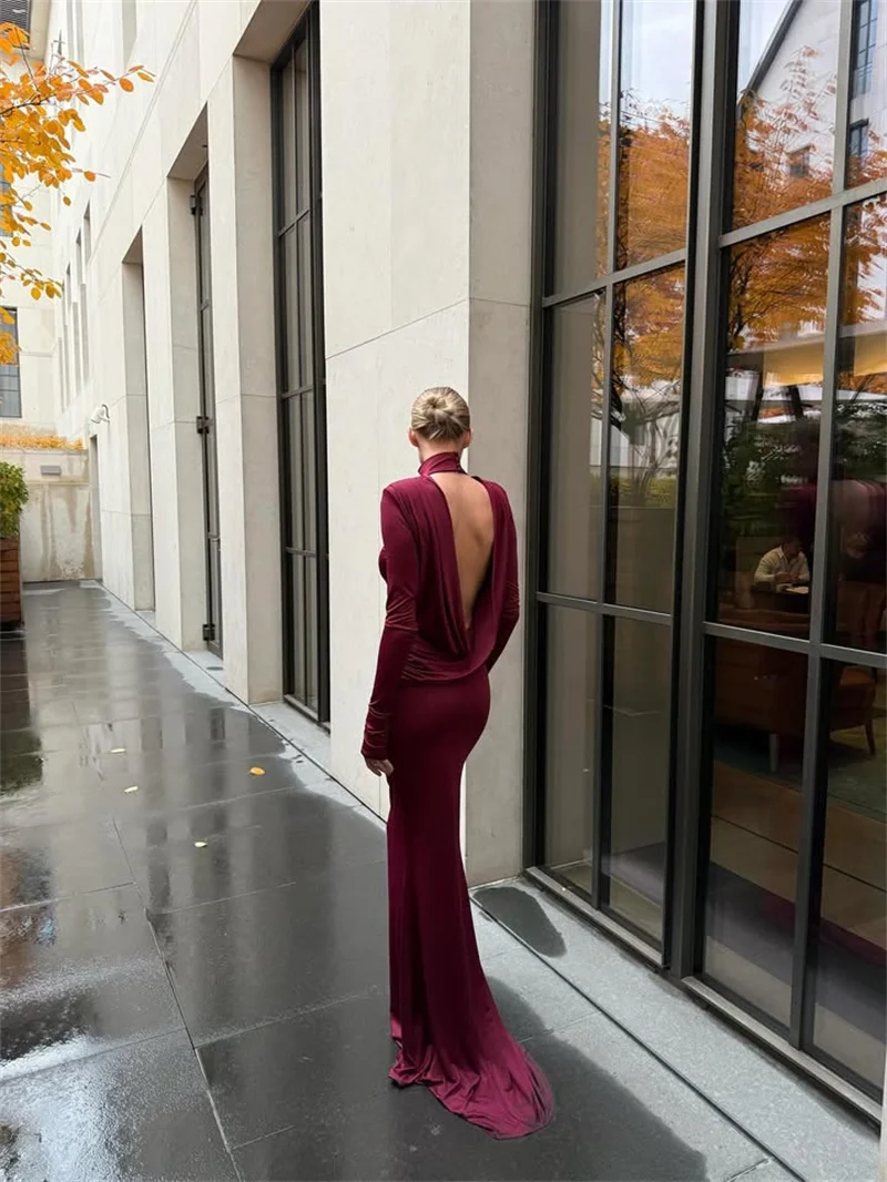 Mozision Backless Long Sleeve Sexy Maxi Dress Women Gown Elegant Winter New Turtleneck Club Party Long Dress Fashion Clubwear