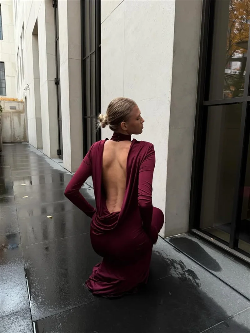 Mozision Backless Long Sleeve Sexy Maxi Dress Women Gown Elegant Winter New Turtleneck Club Party Long Dress Fashion Clubwear