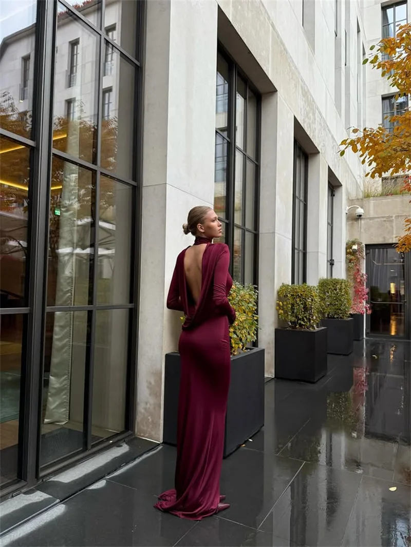 Mozision Backless Long Sleeve Sexy Maxi Dress Women Gown Elegant Winter New Turtleneck Club Party Long Dress Fashion Clubwear
