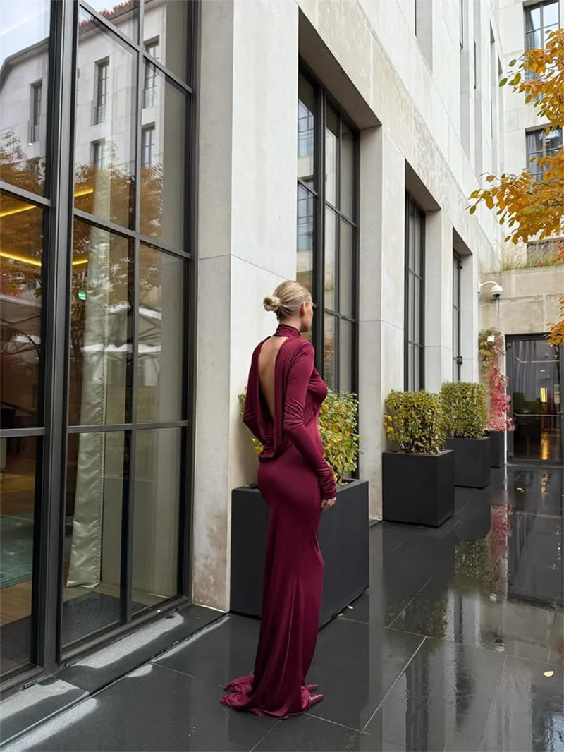 Mozision Backless Long Sleeve Sexy Maxi Dress Women Gown Elegant Winter New Turtleneck Club Party Long Dress Fashion Clubwear