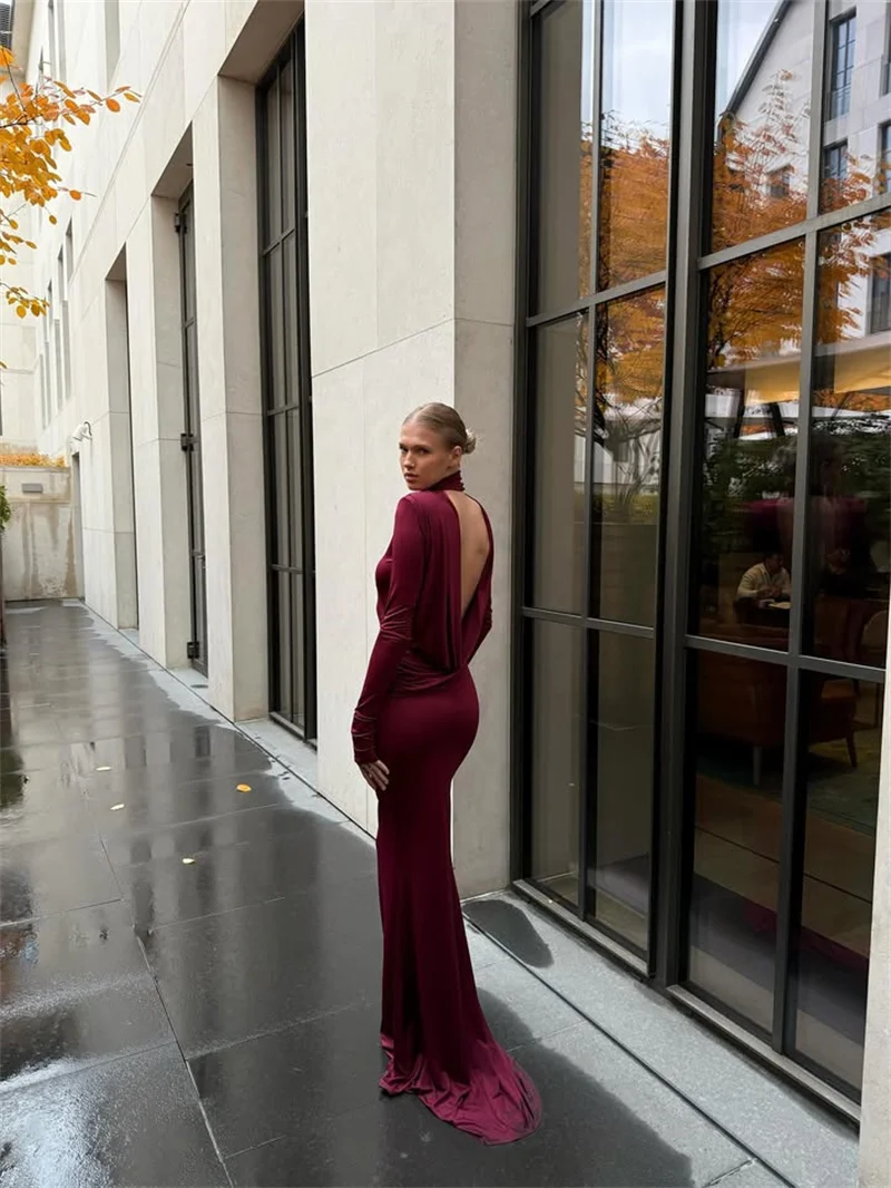 Mozision Backless Long Sleeve Sexy Maxi Dress Women Gown Elegant Winter New Turtleneck Club Party Long Dress Fashion Clubwear