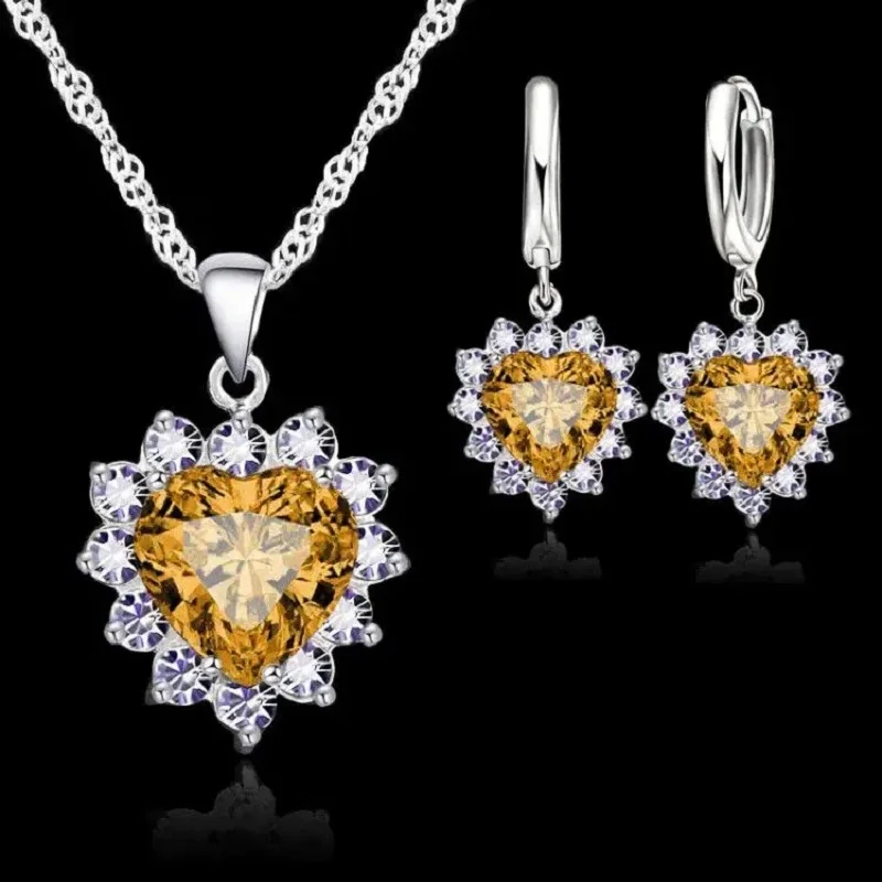Shiny 925 Sterling Silver Love Heart Crystal Zircon Necklace Earrings Set for Women Girls Engagement Party Fashion Jewelry Gifts