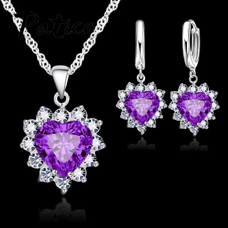 Shiny 925 Sterling Silver Love Heart Crystal Zircon Necklace Earrings Set for Women Girls Engagement Party Fashion Jewelry Gifts