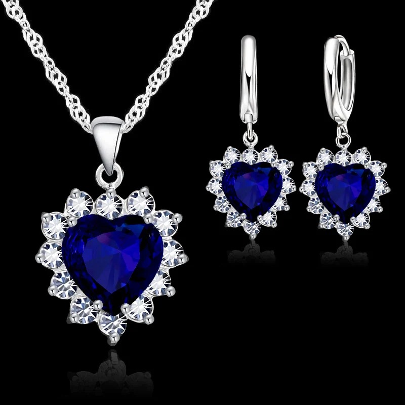 Shiny 925 Sterling Silver Love Heart Crystal Zircon Necklace Earrings Set for Women Girls Engagement Party Fashion Jewelry Gifts