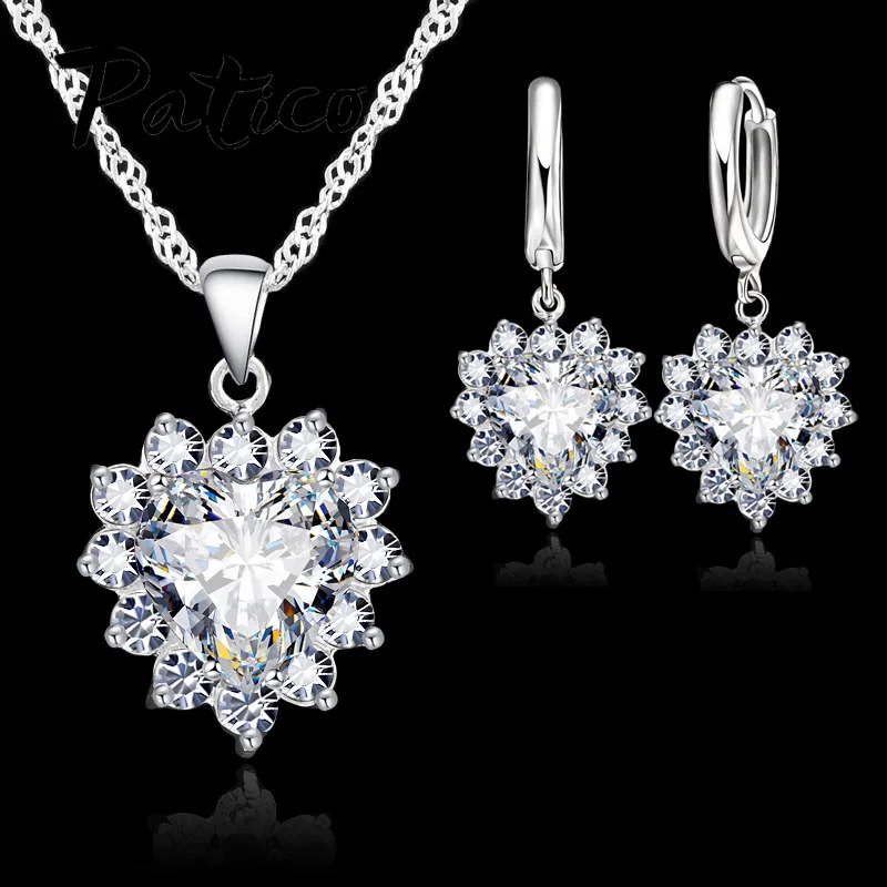 Shiny 925 Sterling Silver Love Heart Crystal Zircon Necklace Earrings Set for Women Girls Engagement Party Fashion Jewelry Gifts