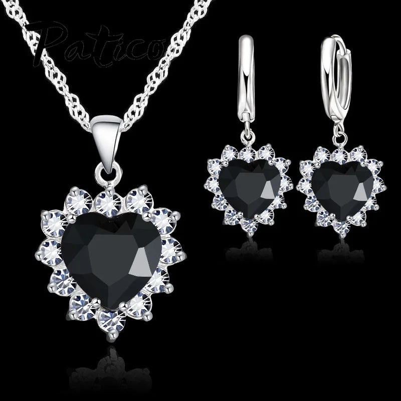 Shiny 925 Sterling Silver Love Heart Crystal Zircon Necklace Earrings Set for Women Girls Engagement Party Fashion Jewelry Gifts
