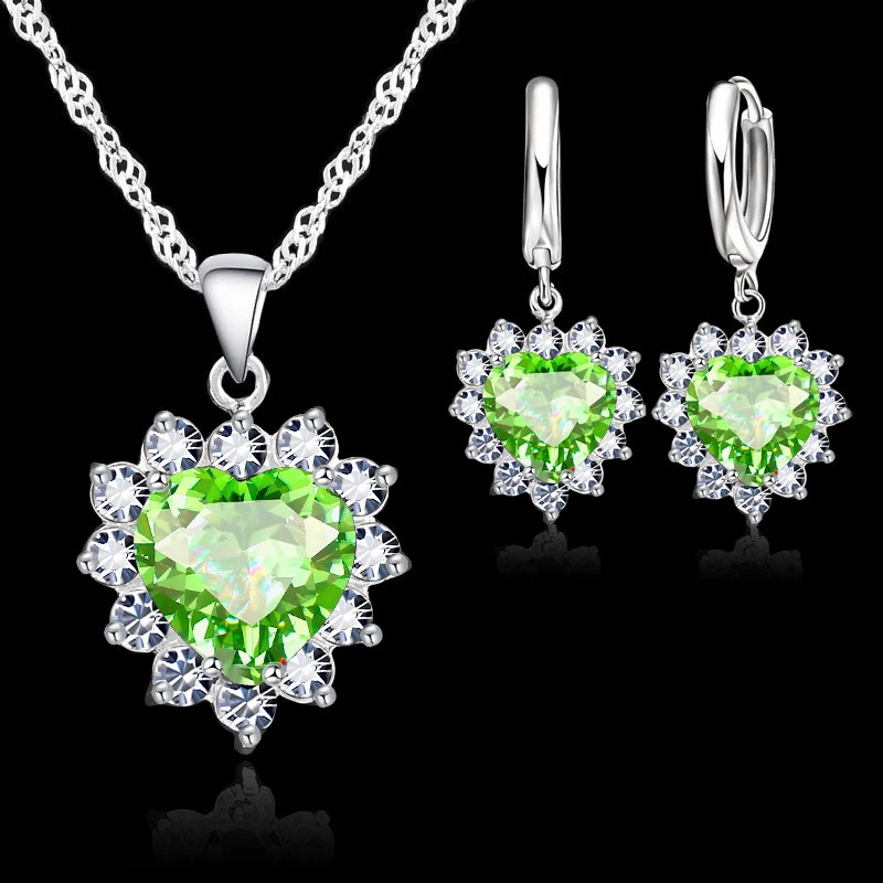 Shiny 925 Sterling Silver Love Heart Crystal Zircon Necklace Earrings Set for Women Girls Engagement Party Fashion Jewelry Gifts