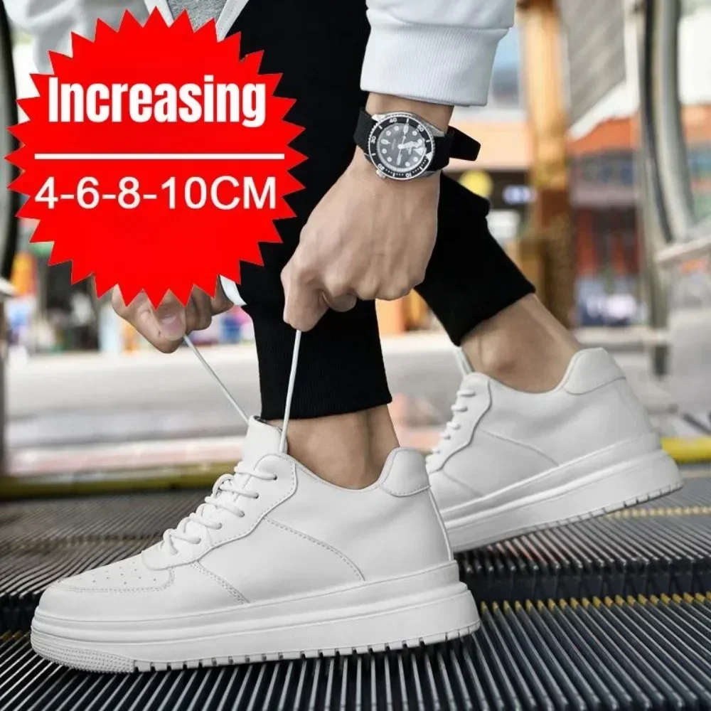New Height Increasing Shoes for Men 10cm Invisible Elevator Sneakers White Leathe Sport Zapatillas De Hombre Big Size 46