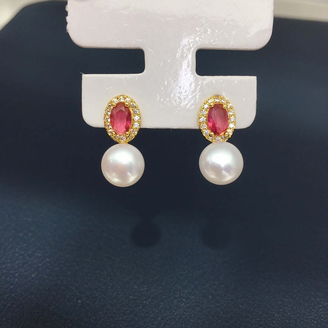 ZHBORUINI Natural Freshwater Pearl Earrings 8-8.5mm Elliptical Inlay Retro Minimalist Style Jewelry Suitable for Daily Wear 