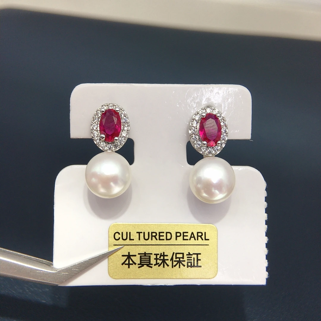 ZHBORUINI Natural Freshwater Pearl Earrings 8-8.5mm Elliptical Inlay Retro Minimalist Style Jewelry Suitable for Daily Wear 