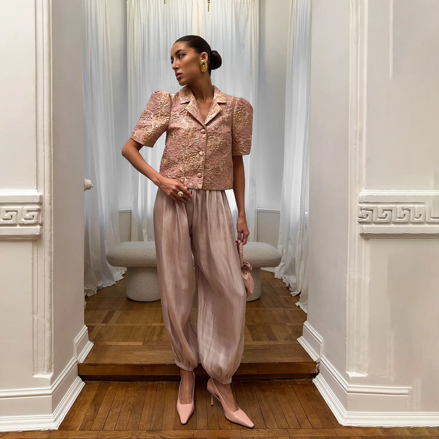 DNBS Satin Finish Women's Loose Balloon Pants, Elastic Cuffed Harem Trousers, Elegant Loungewear for Spring & Summer