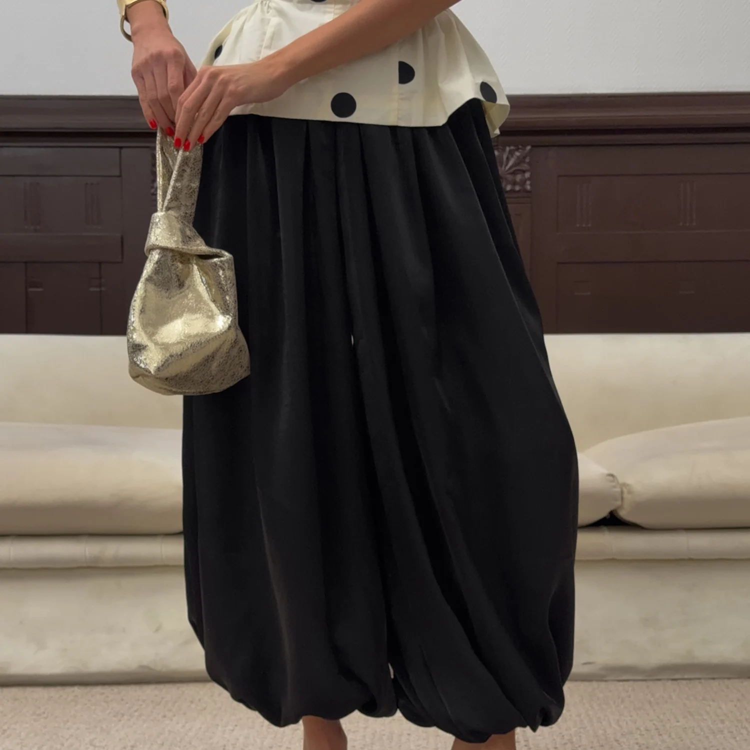 DNBS Satin Finish Women's Loose Balloon Pants, Elastic Cuffed Harem Trousers, Elegant Loungewear for Spring & Summer