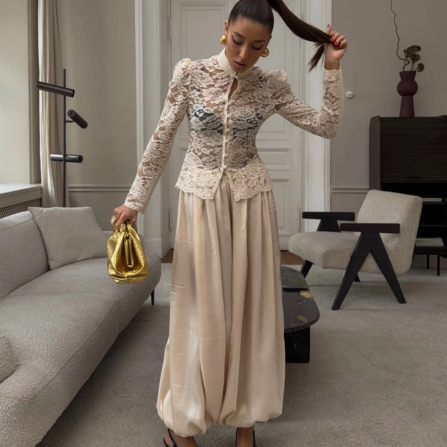DNBS Satin Finish Women's Loose Balloon Pants, Elastic Cuffed Harem Trousers, Elegant Loungewear for Spring & Summer