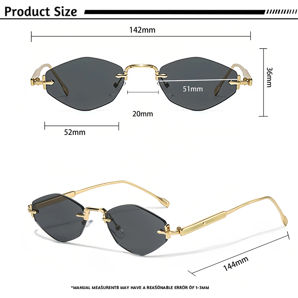 CATERSIDE Men's Small Frameless Sunglasses High-Quality Polygon Metal Frame Y2K Sun Glasses Women's Party Outdoor Glasses UV400