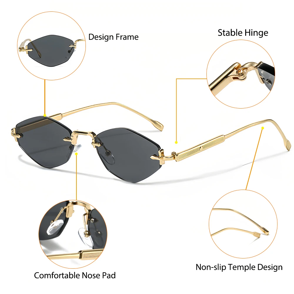 CATERSIDE Men's Small Frameless Sunglasses High-Quality Polygon Metal Frame Y2K Sun Glasses Women's Party Outdoor Glasses UV400