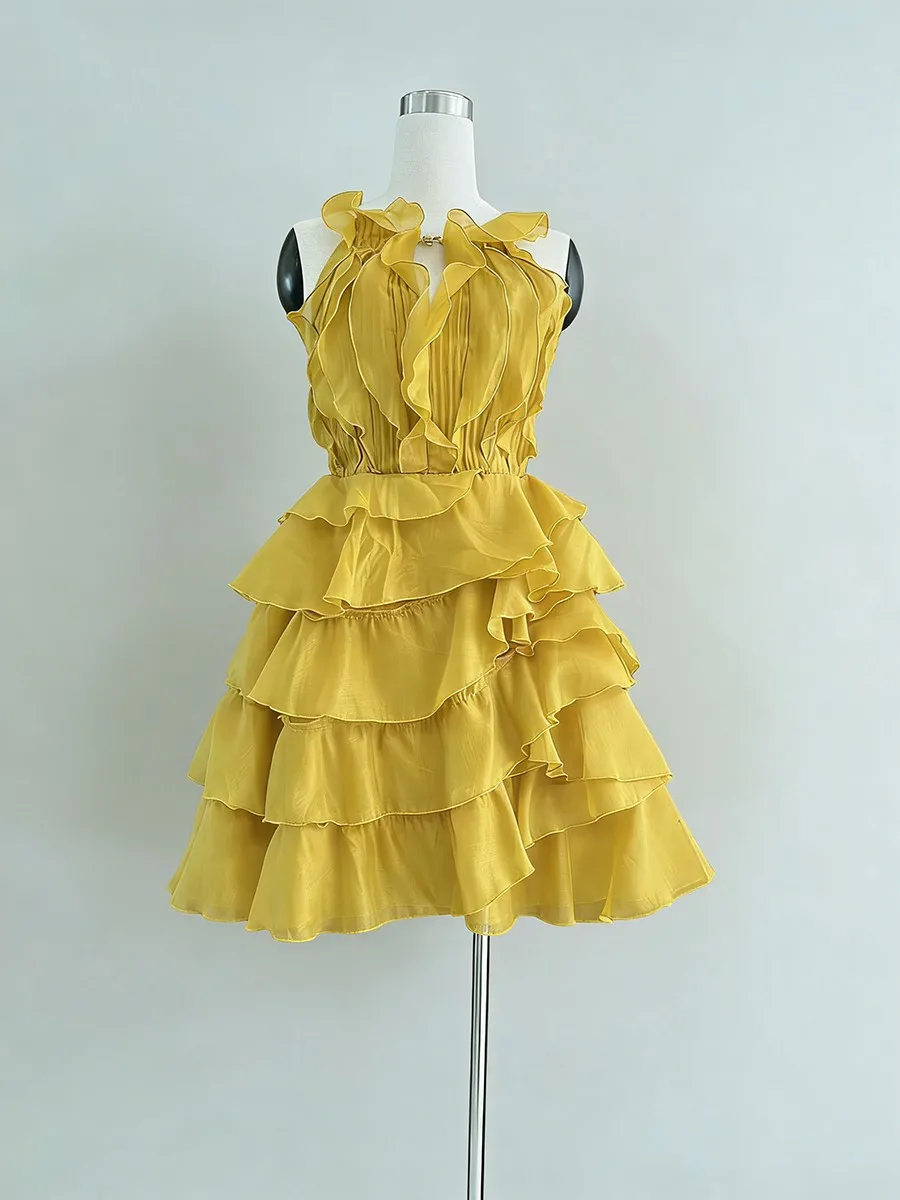 TWOTWINSTYLE Fashion Slimming Spliced Ruffles Mini Dresses F or Women Round Neck Sleeveless High Waist Casual Dress Female New