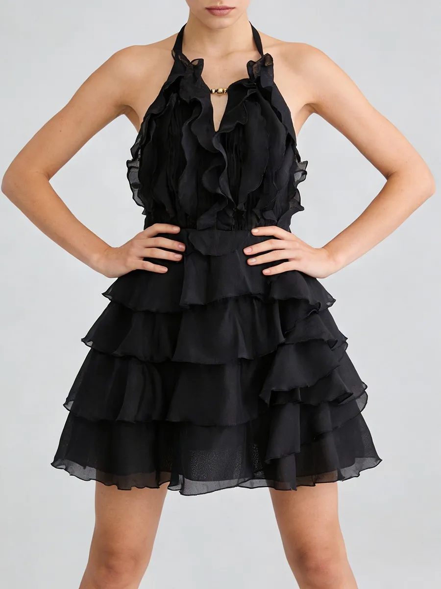 TWOTWINSTYLE Fashion Slimming Spliced Ruffles Mini Dresses F or Women Round Neck Sleeveless High Waist Casual Dress Female New