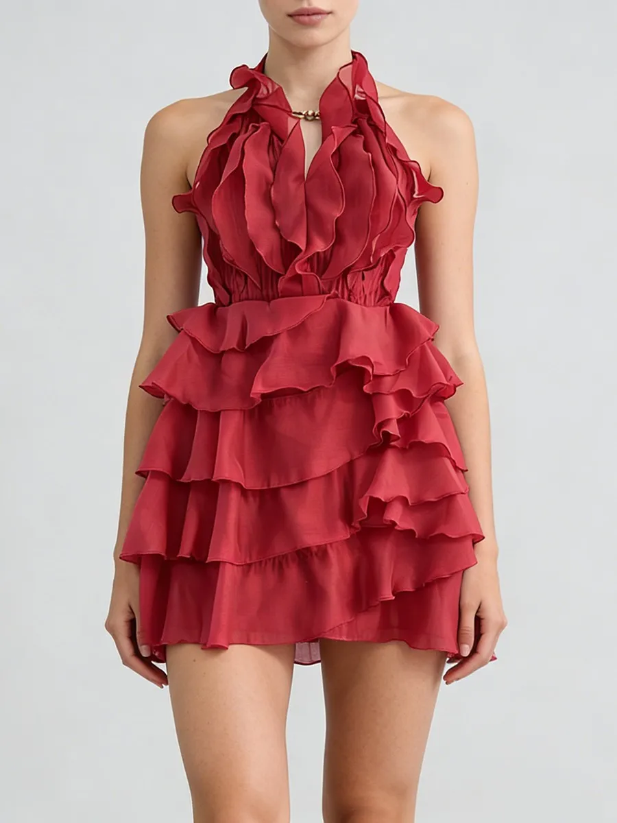 TWOTWINSTYLE Fashion Slimming Spliced Ruffles Mini Dresses F or Women Round Neck Sleeveless High Waist Casual Dress Female New