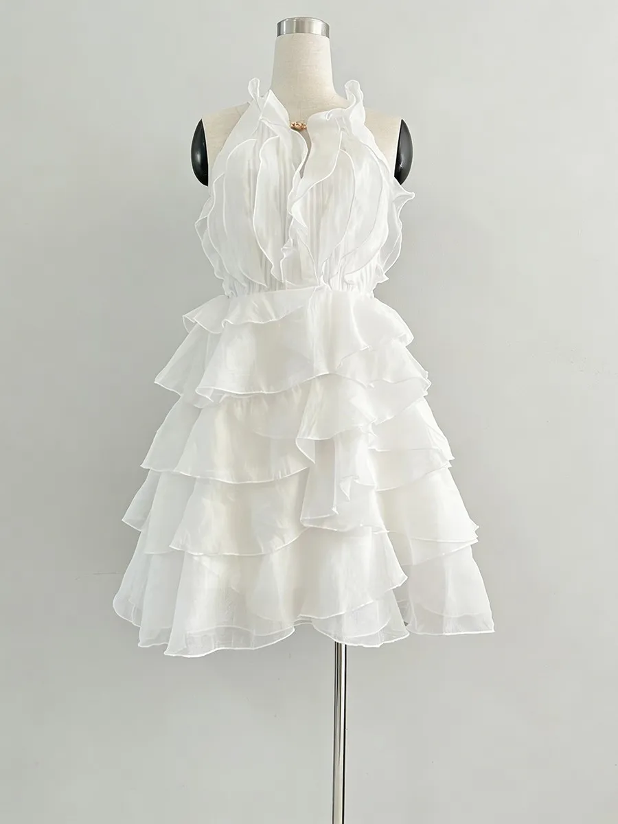 TWOTWINSTYLE Fashion Slimming Spliced Ruffles Mini Dresses F or Women Round Neck Sleeveless High Waist Casual Dress Female New