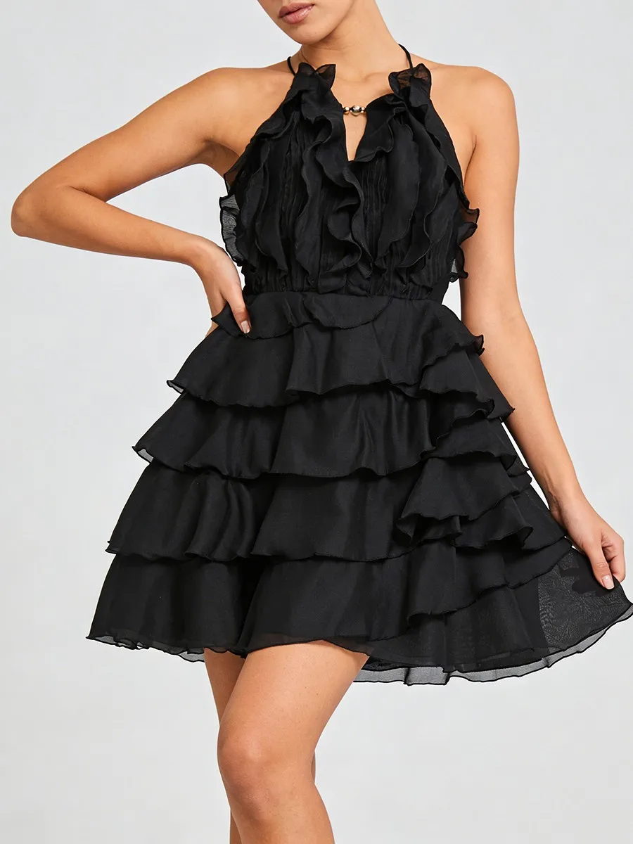 TWOTWINSTYLE Fashion Slimming Spliced Ruffles Mini Dresses F or Women Round Neck Sleeveless High Waist Casual Dress Female New