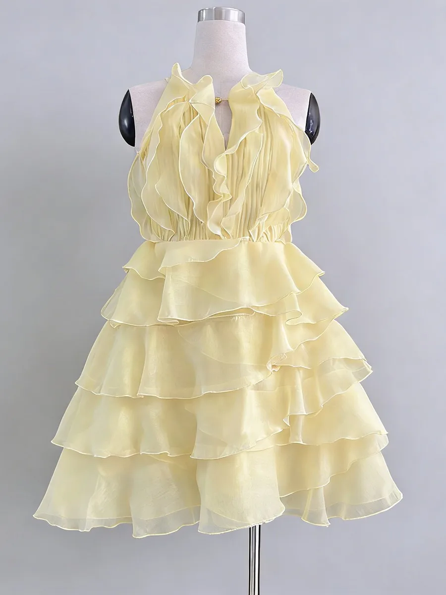 TWOTWINSTYLE Fashion Slimming Spliced Ruffles Mini Dresses F or Women Round Neck Sleeveless High Waist Casual Dress Female New